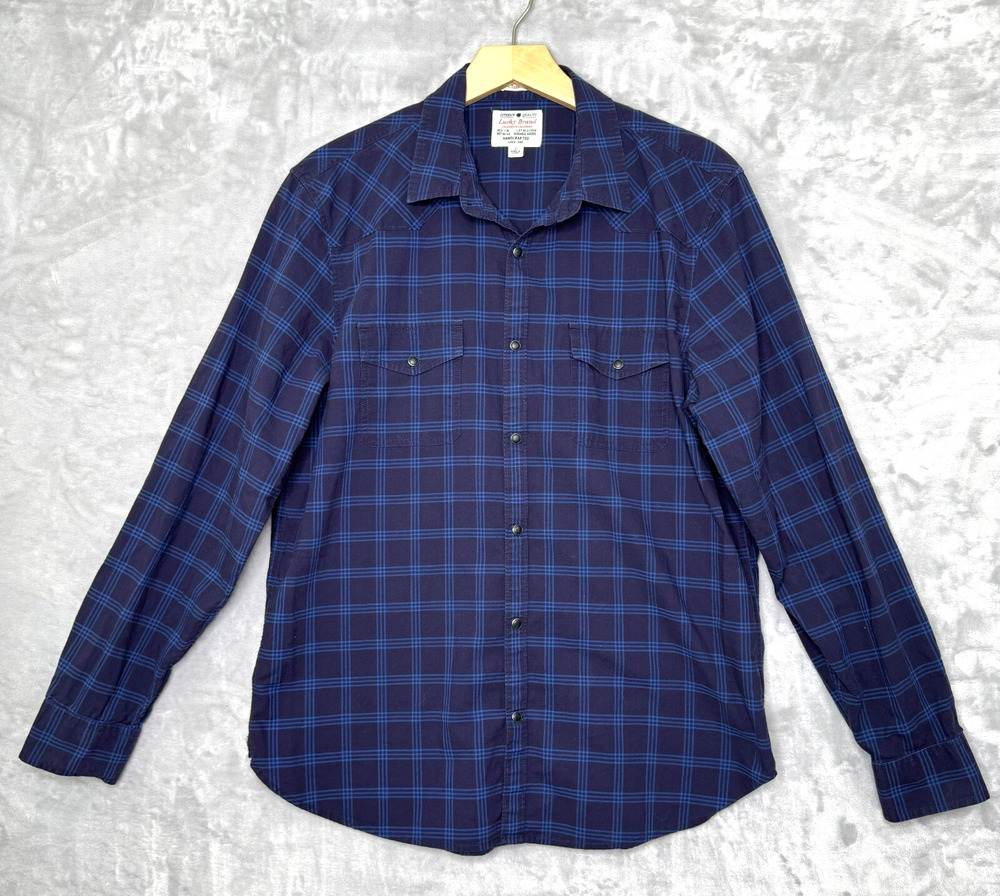 Lucky Brand Classic Fit Shirt Womens Large Blue Plaid True Indigo Pearl Snap